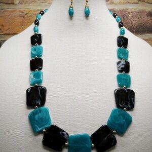 Elegant Black and Teal Necklace and Earring Set